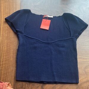 Olivaceous Navy Ribbed Short-Sleeve Square-Neck Top